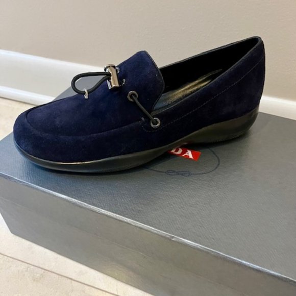 PRADA CALZATURE DONNA NAVY SUEDE TOGGLE LOAFERS DRIVERS SIZE 36 BRAND NEW - Picture 4 of 12
